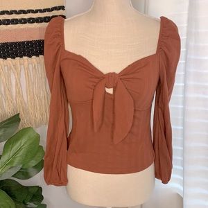 Wild Fable Front Tie Long sleeve Blouse; Size:M Rust/Cognac